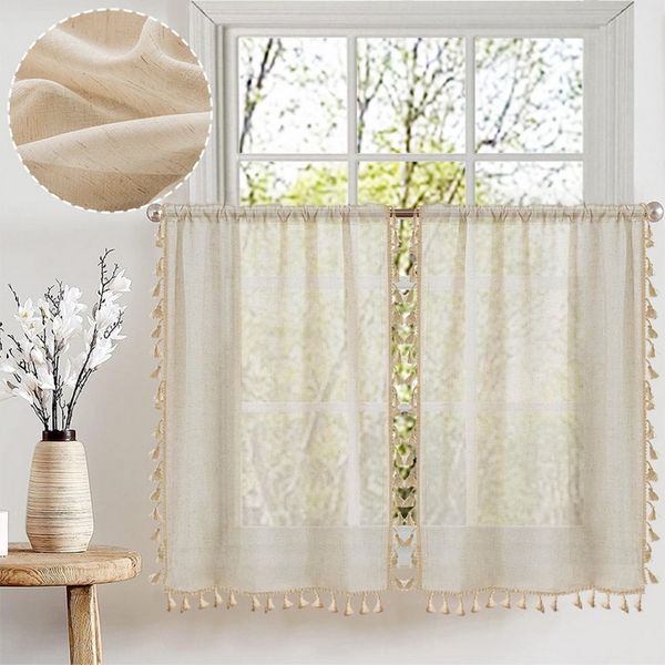 BTTO V&G Gardine Vintage-Quasten Fenstervorhänge Leinen kurze Vorhänge, Gaze-Vorhänge Stangentasche