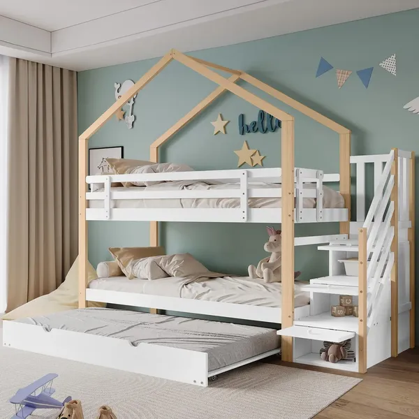 Etagenbett mit Ausziehbett, Treppe, Rausfallschutz, 3 Liegeflächen und Lattenrost, 90x200 cm, Kinderbett, Kiefer