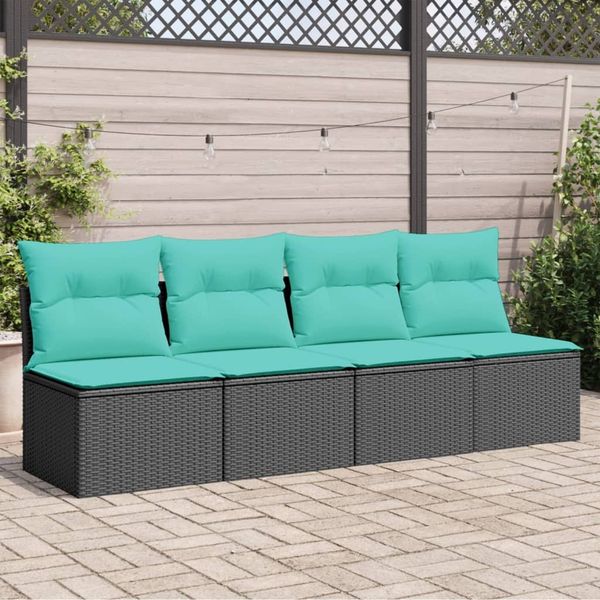 vidaXL Gartensofa mit Kissen 4-Sitzer Schwarz Poly Rattan 366027