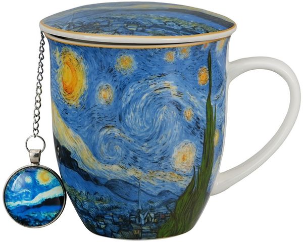DUO ART GALLERY Becher 400 ml mit Teesieb STARRY NIGHT inspired by Van Gogh, New Bone China Porzellan