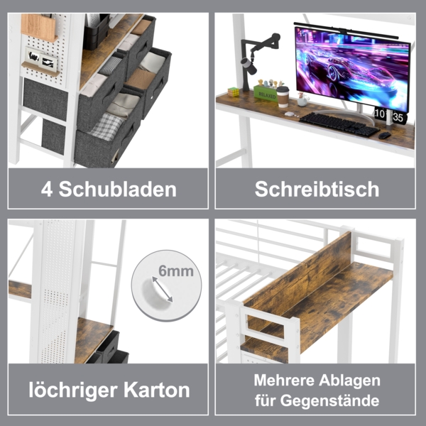 Bett 90x200 cm mit Schreibtisch und LED-Beleuchtung – Hochbett mit Stauraum und Steckdose Bild 6