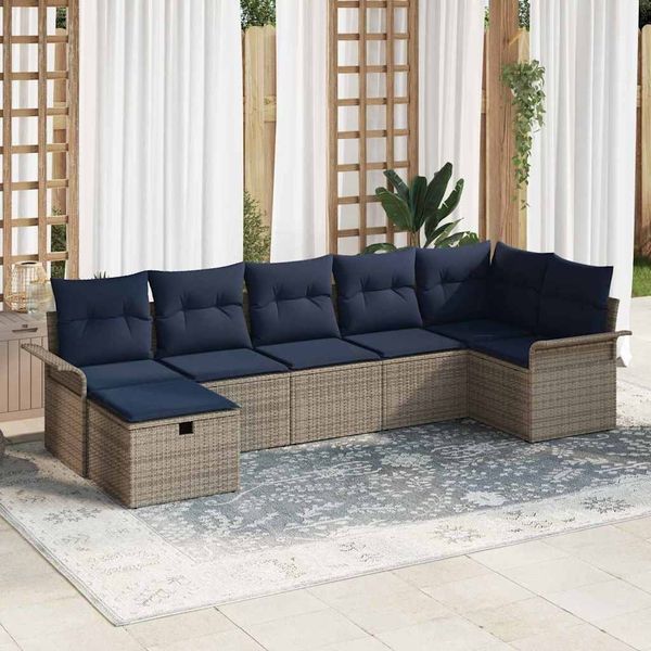 vidaXL Gartensofa-set mit Kissen 7 pcs Grau und Marineblau Poly-Rattan 3358904