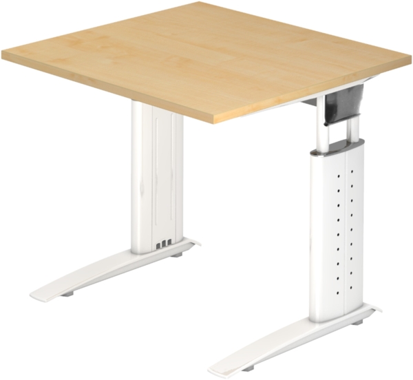 bümö höhenverstellbarer Schreibtisch U-Serie 80x80 cm in Ahorn, Gestell in weiß - PC Tisch klein für's Büro manuell höhenverstellbar, Computertisch verstellbar, US-08-3-W