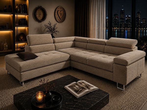 Goldstoff Ecksofa mit Schlaffunktion, Cord Couch für Wohnzimmer - Cord Ecksofa, Cord Sofa VOYAGE 2 Teile, Großer Bettkasten