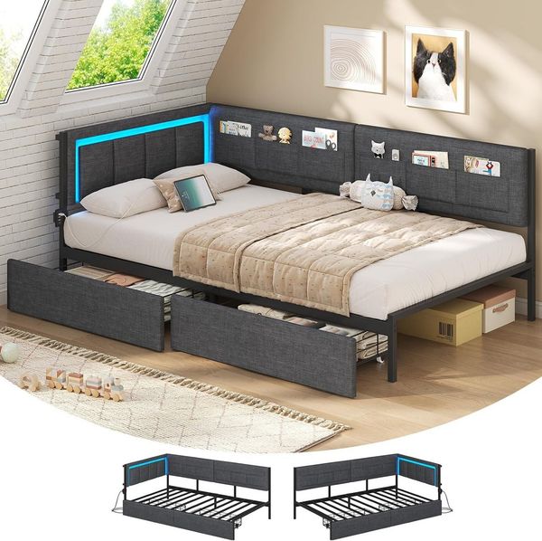 KIMENICH Polsterbett Schlafsofa mit LED-Beleuchtung, 6 Stoffbeutel & Ladestation (Ohne Matratze), Jugendbett mit 2 Schubladen, Grau – 90x200 cm