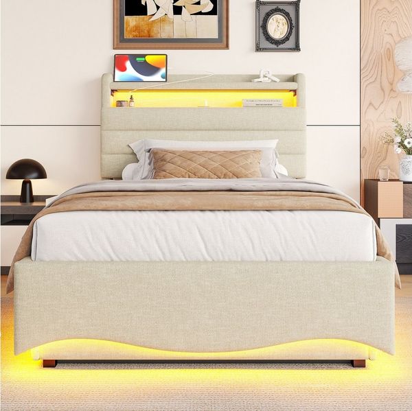 TavilaEcon Boxspringbett Polsterbett mit LED-Beleuchtung und Hydraulikmechanismus (1-St), mit USB- und Typ-C-Anschlüssen, 90×200cm, beige