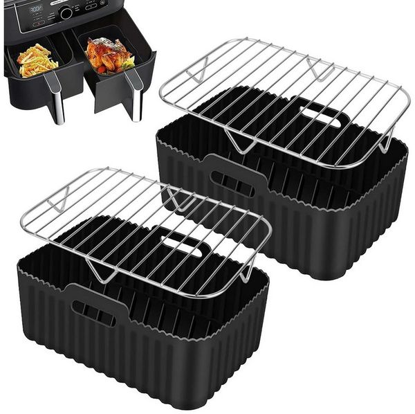 BlingBin Silikonform Heißluftfritteuse Zubehör für Ninja Dual Air Fryer AF400, (1er Set 4-tlg), Dual Zone Heißluftfritteusen Zubehör (2 Silikonpads + 2 Grillroste)