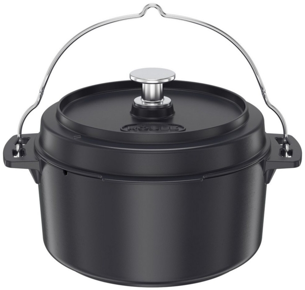 RÖSLE VARIO Dutch Oven, Hochwertiger Dutch Oven aus emailliertem Gusseisen, Deckel als Pfanne einsetzbar, mit Tragebügel, 5,5 l, 36 x 30 x 22,5 cm, Schwarz