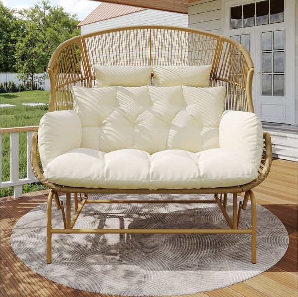 Merax Hollywoodschaukel, 2-Sitzer, Schlaffunktion, Gartenschaukel Rattan Hängesessel Outdoor Schwingsessel Doppelschaukel