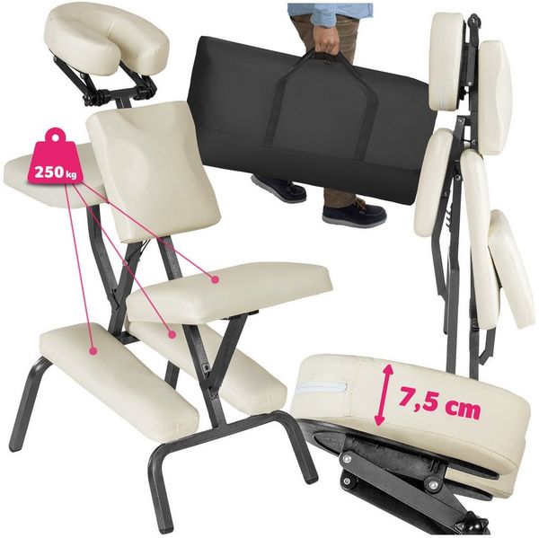 tectake Massagesessel Massagestuhl, klappbar, 80 x 50 x 105 cm, inklusive Tragetasche (Massageliege, in Beige), verstellbare Polster für Kopf, Brust und Arme, gepolsterte Beinablagen