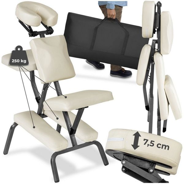 tectake Massagesessel Massagestuhl, klappbar, 80 x 50 x 105 cm, inklusive Tragetasche (Massageliege, in Beige), verstellbare Polster für Kopf, Brust und Arme, gepolsterte Beinablagen