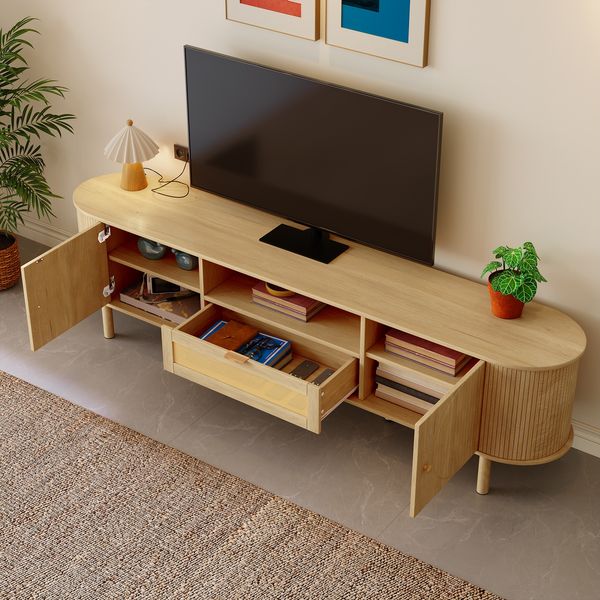TV-Schrank 175 x 36 x 51 cm aus MDF mit Rattan-Schublade und Kabeldurchführung