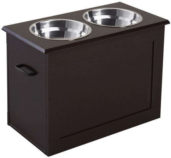 PawHut Futternapf 2 Hunde Katzen Fressnapf mit Staumraum, Edelstahl, Espresso 60 x 30 x 41 cm