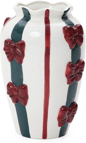 Hometopia Vase Keramik gestreift mit roten 3D-Schleifen, weiß/grün, Höhe 28 cm