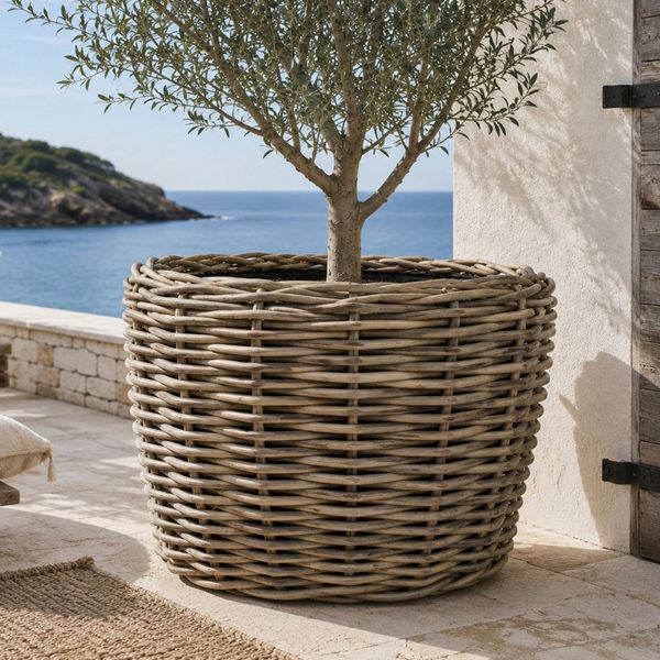 Van der Leeden Blumentopf Blumenkorb Pflanzkorb Topf 83x59cm Rattan Sylter Korb Drypot 130L (Stück, 1 St, Packung), Indoor & Outdoor, Rattan, 130 L, Naturprodukt, incl. Kunststoffeimer