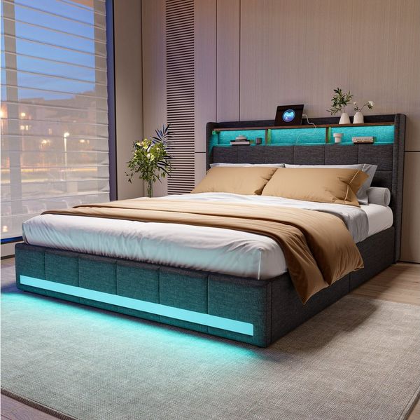Furnishings Home Polsterbett LED Doppelbett 140x200 cm, Stauraumbett mit Kopfteil und 4 Schubladen (Leinenmaterial Polsterbett mit RGB Beleuchtung), mit Lattenrost und Ladefunktion, mit Komforthöhe, Leises Design Bett