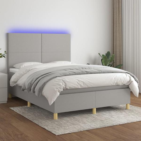 vidaXL Boxspringbett mit Matratze & LED Hellgrau 140x200 cm Stoff 3135277