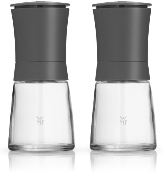 WMF Trend Mühlenset 2tlg, Salz- und Pfeffermühle unbefüllt, Glasbehälter, Keramikmahlwerk, Mühle für Salz und Pfeffer, Gewürze, spülmaschinengeeignet, grau