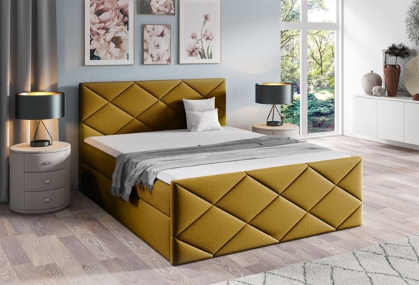 Boxspringbett Schlafzimmerbett KOSMOS 140x200 cm Stoff Monolith Gelb