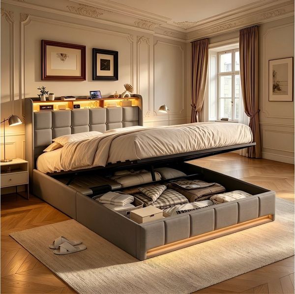 Furnishings Home Polsterbett Stauraumbett Doppelbett Bettkasten LED 140x200 cm (1-tlg, Hydrauliksystem, hochtragfähig, mit RGB Beleuchtung), Mit Lattenrost und Ladefunktion, mit Komforthöhe
