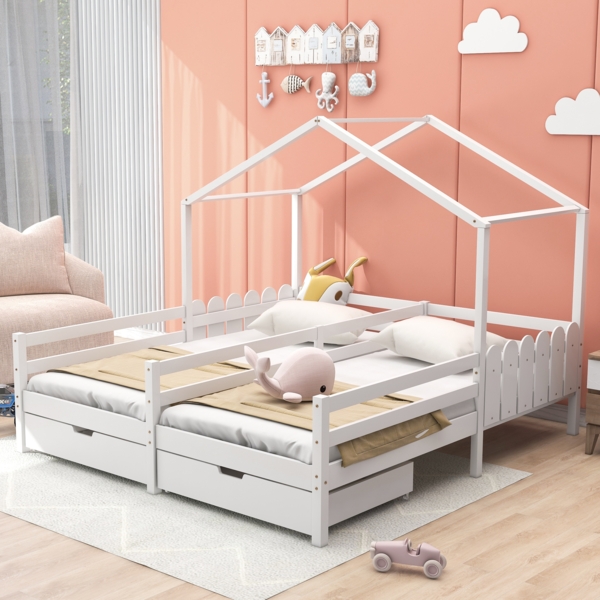 Haus-Doppelbett 208×188,5×158 cm – geteiltes Kinderhausbett mit 2 MDF-Schubladen auf Rollen, Kiefer-Massivholz-Lattenrost, Patchwork-Schutzzaun, Weiß