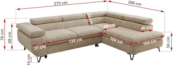 MKS Möbel 'Pablo L-Form' Ecksofa mit Schlaffunktion, verstellbare Kopfstützen, Beige, Schenille grob, ohne Topper, Rechts Bild 6
