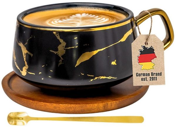 Intirilife Tasse, 1-tlg, Keramik, 1x Kaffeetasse, Teetasse mit Holz Untersetzer Becher