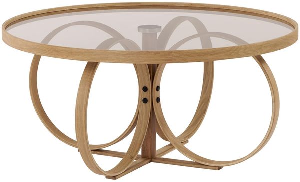 Eleganter Couchtisch, 100% massives Eichenholz mit 4 mm starker Tischplatte aus gehärtetem Glas, 100 x 100 x 47 cm, zerlegt, Eichenfarbe