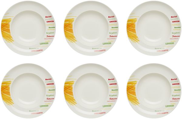 KHG 6er Set Pastateller, extra groß mit 30cm Durchmesser in Nudelsorten Print, perfekt für Gastro und Zuhause, hochwertiges Porzellan, Suppenteller, Salatteller, Spülmaschinengeeignet