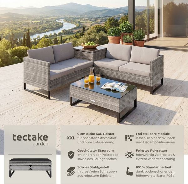 tectake Loungeset Rattan Sitzgruppe inkl. großer Aufbewahrungsbox, für 4 Personen, (Gartenlounge-set Ostuni, 4-tlg, geeignet für Outdoor in Grau-meliert/Grau), widerstandsfähig und UV-beständig, Dicke der Polster 9 cm