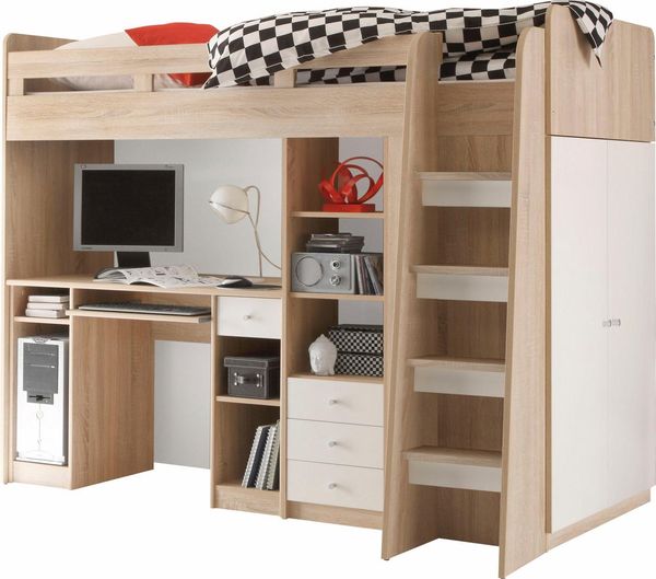 Begabino Hochbett Unit mit Kleiderschrank, Schreibtisch und Schubladen