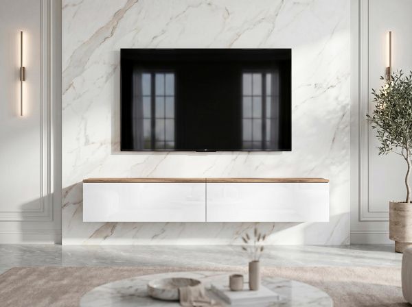 AX LIVING Barvo 2x100 TV Kommode Lowboard Braun/Weiß Hochglanz Hängend