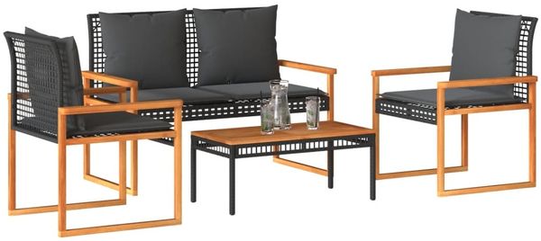 vidaXL 4-tlg. Garten-Lounge-Set mit Kissen Schwarz Poly Rattan 365858