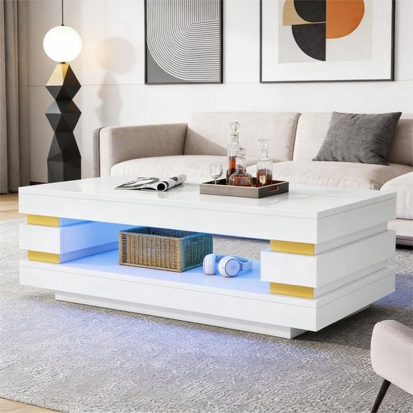 Merax Couchtisch hochglanz Sofatisch Beistelltisch mit LED-Beleuchtung (1-St), Wohnzimmertisch Sofatisch mit Stauraum & offener Ablage, 100 x 50 x 35 cm