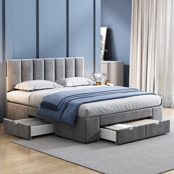 REDOM Polsterbett Doppelbett Jugendbett Bett Stauraumbett gepolsteres Bettgestell (Stahlrahmen mit Bettstauraum Holz-Lattenrost, Samt Bezug mIt 4 Schubladen 140x200 cm Ohne Matratze), mit weichem höhenverstellbarem Kopfteil und Polsterung aus Schaum