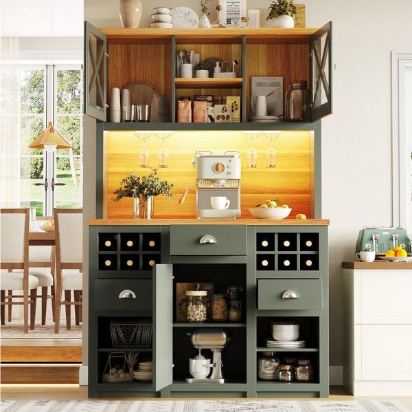 i@home Hochschrank Küchenschränke mit Glastüren und LED-Beleuchtung, Weinregal, Verstellbare Regalböden