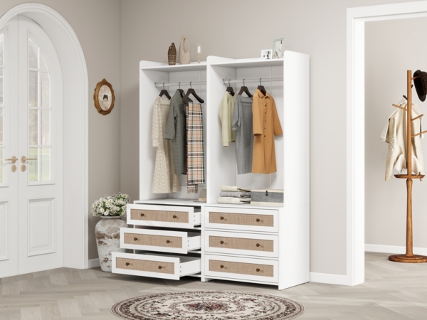 Kleiderschrank, mit drei Schubladen Stauraumregal im Boho-Stil ideal für Flur Wohnzimmer Schlafzimmer Arbeitszimmer Büro，Weiß, 70 x 48 x 180 cm Bild 3