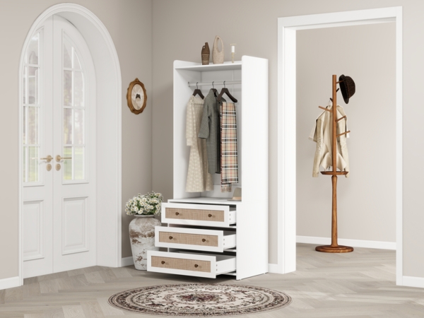 Kleiderschrank, mit drei Schubladen Stauraumregal im Boho-Stil ideal für Flur Wohnzimmer Schlafzimmer Arbeitszimmer Büro，Weiß, 70 x 48 x 180 cm Bild 6