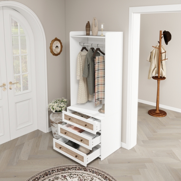 Kleiderschrank, mit drei Schubladen Stauraumregal im Boho-Stil ideal für Flur Wohnzimmer Schlafzimmer Arbeitszimmer Büro，Weiß, 70 x 48 x 180 cm Bild 8