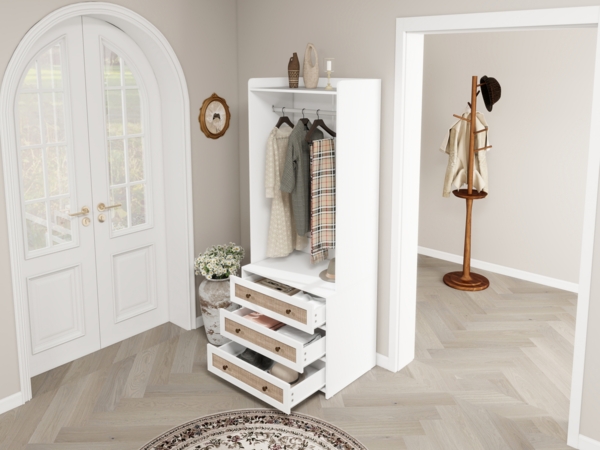 Kleiderschrank, mit drei Schubladen Stauraumregal im Boho-Stil ideal für Flur Wohnzimmer Schlafzimmer Arbeitszimmer Büro，Weiß, 70 x 48 x 180 cm Bild 5