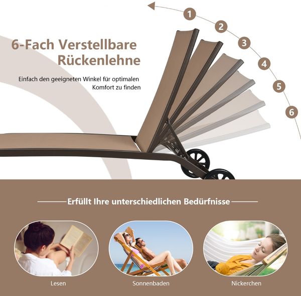Verstellbare Liege aus Stahl Liegestuhl mit Rädern für den Außenbereich Braun