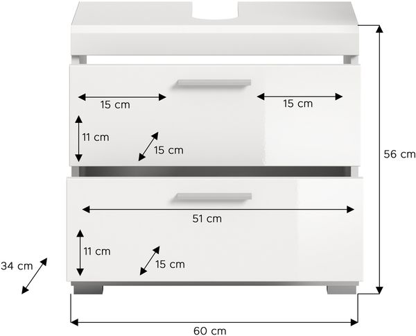 Xonox Scout Waschbeckenunterschrank (B/H/T: 60x56x34 cm) in weiß Nachbildung und weiß Hochglanz tiefzieh Bild 4