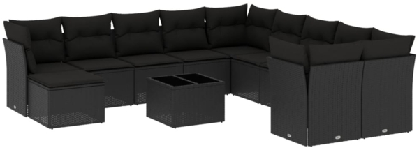 vidaXL 12-tlg. Garten-Sofagarnitur mit Kissen Schwarz Poly Rattan 3250454