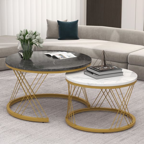 Rundes Couchtisch-Set 2-teilig Weiß Grau, Marmormuster, Metallgestell, Nesting Design, Beistelltisch Wohnzimmertisch modern