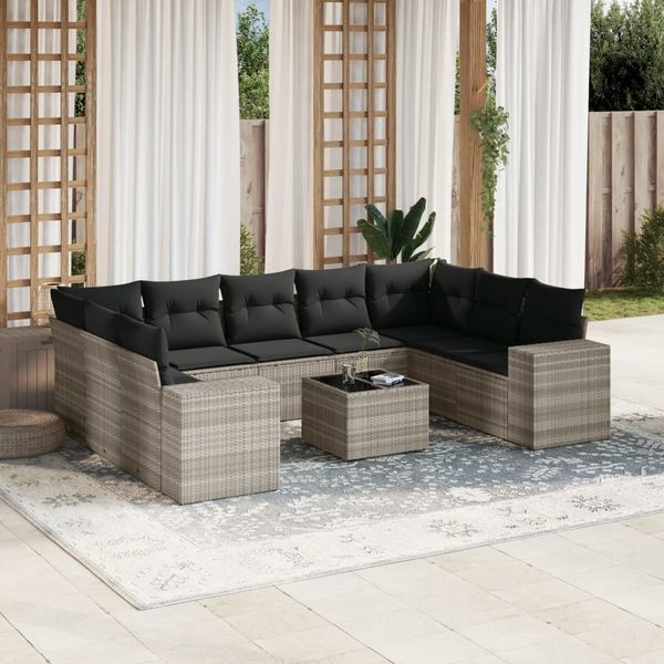 vidaXL 10-tlg. Garten-Sofagarnitur mit Kissen Hellgrau Poly Rattan 3223011