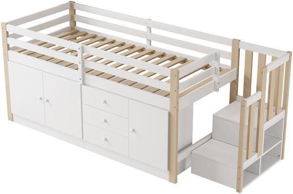 Bett Hochbett 90x200 cm, Weiß, mit Treppe, Schubladen und 2 Schränken, Lattenrost inklusive, ohne Matratze Bild 3