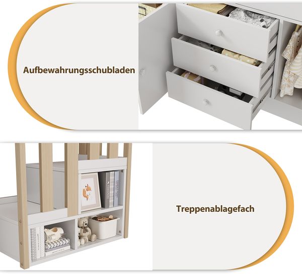Bett Hochbett 90x200 cm, Weiß, mit Treppe, Schubladen und 2 Schränken, Lattenrost inklusive, ohne Matratze Bild 8