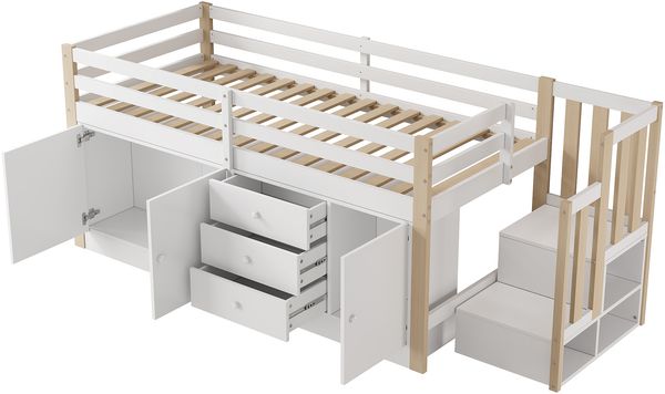 Bett Hochbett 90x200 cm, Weiß, mit Treppe, Schubladen und 2 Schränken, Lattenrost inklusive, ohne Matratze Bild 4