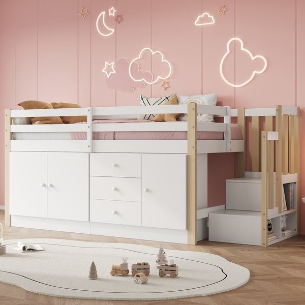 Bett Hochbett 90x200 cm, Weiß, mit Treppe, Schubladen und 2 Schränken, Lattenrost inklusive, ohne Matratze