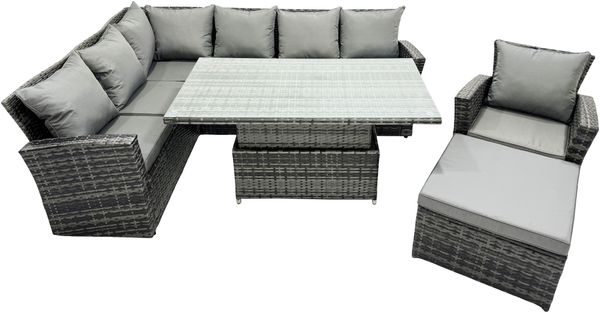 Fimous 8 Sitzer Outdoor Hoher Rücken Rattan Höhenverstellbarer Esstisch Ecksofa Set Gartenmöbel Set Dunkelgrau gemischt Links Hund